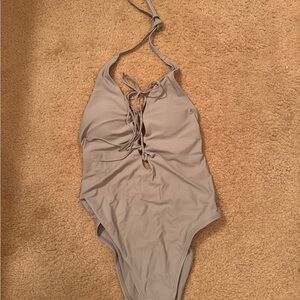 Aerie Light Gray Lace-Up One-Piece Swimsuit